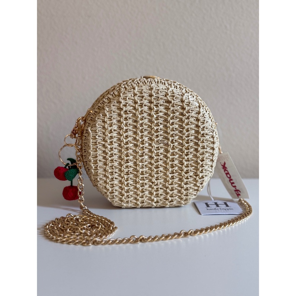 Haute Hippie Style Natural Round Straw Crossbody Bag Cherry Charm AZ7632 NEW